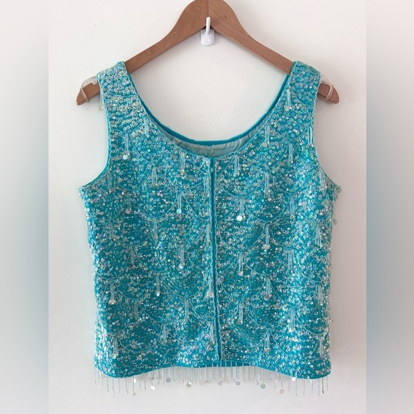VINTAGE 1960s Sequin Sparkly Embellished Turquoise Top - Picture 6 of 13